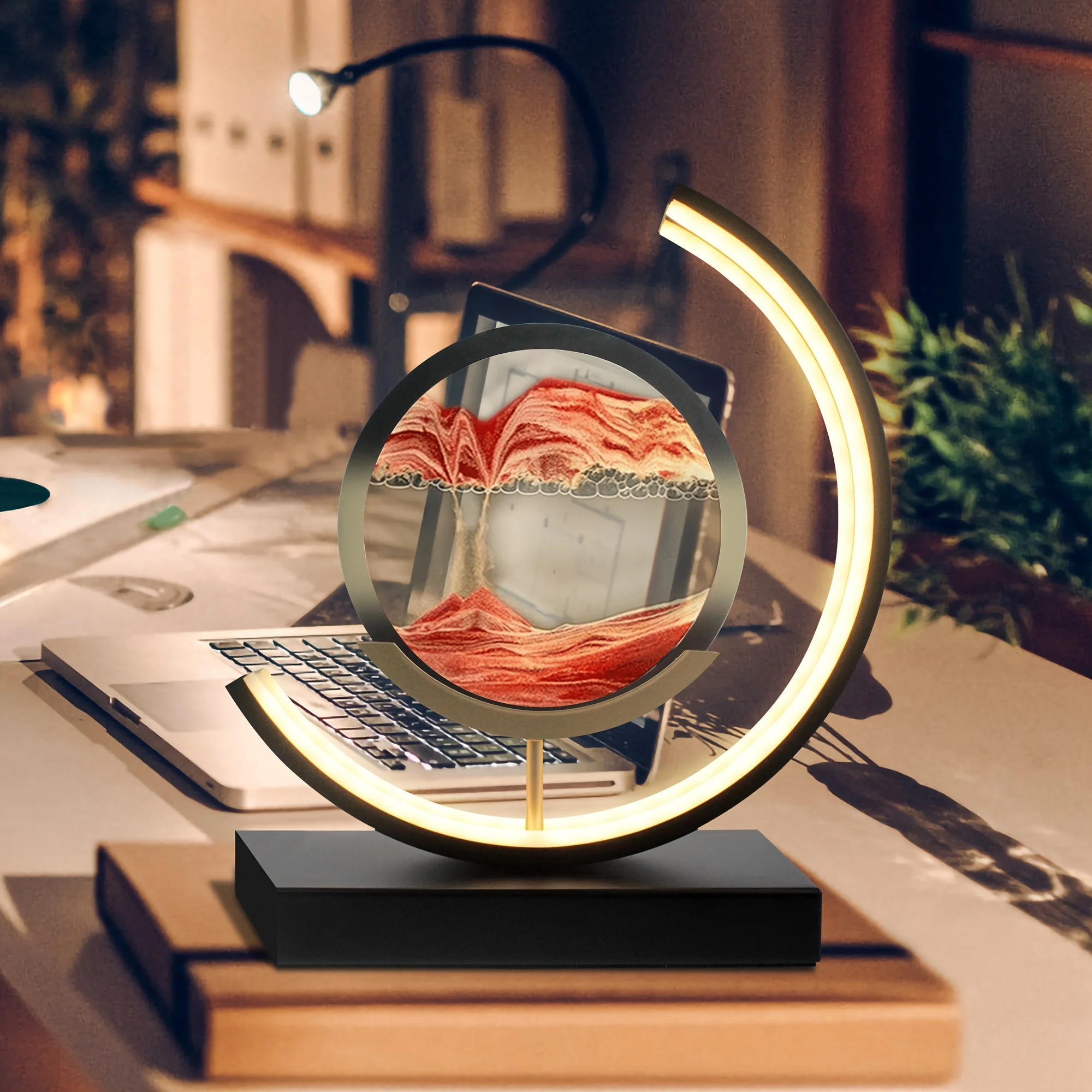 Moving Sand Art Picture In Motion, 3D Sand Lamp Round Sand Picture Lamp 3 Colors Sand Art Light With Stand Relaxing Desktop