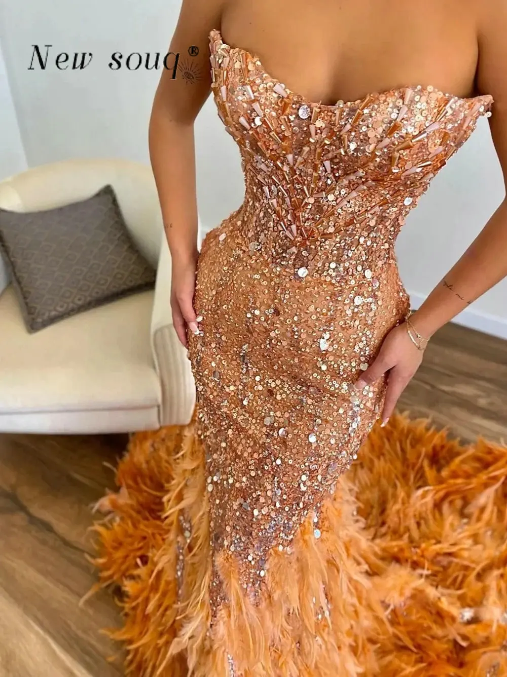 Sparkly Strapless Sequins Evening Dresses Feathers Mermaid Long Party Dress Sleeveless Beaded Boning Corset Night Prom Gowns