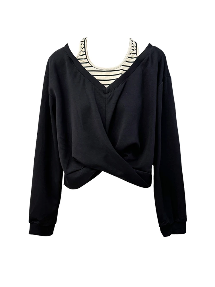 Korean V-Neck Fake Two-Piece Long Sleeved T-shirt For Women Spring Autumn Irregular Striped Patchwork Loose Female Short Tops