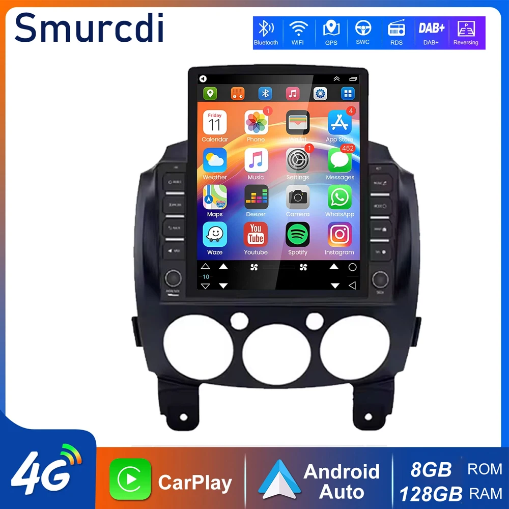 9,7 "Android 15 Carplay авто радио для MAZDA 2 2007-2014 автомобильный мультимедийный видеоплеер навигация GPS стерео сенсорный экран WIFI