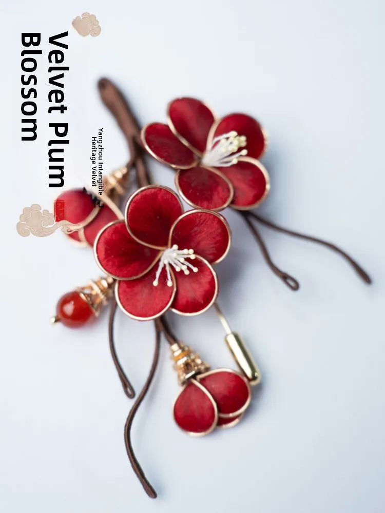 yuzhou-velvet-plum-blossom-qiyong-silk-handmade-traditional-heritage-daily-versatile-hairpin-red-plum-ornament