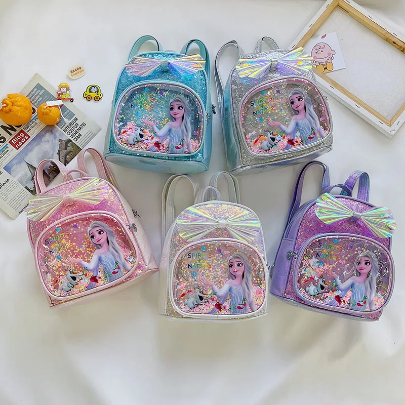 Disney Frozen Backpack Sequins Frozen Elsa Anna Princess Children's Backpack Fashion Girl Kawaii PU Leather Travel Backpack Gift