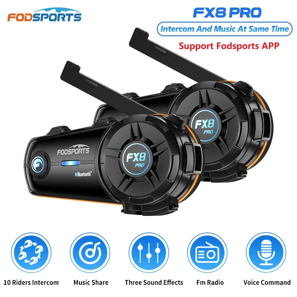 

2pcs Fodsports FX8 Pro Motorcycle Helmet Intercom Bluetooth Headset Interphone,10 Riders 2000M,Dual Chip,Support APP.