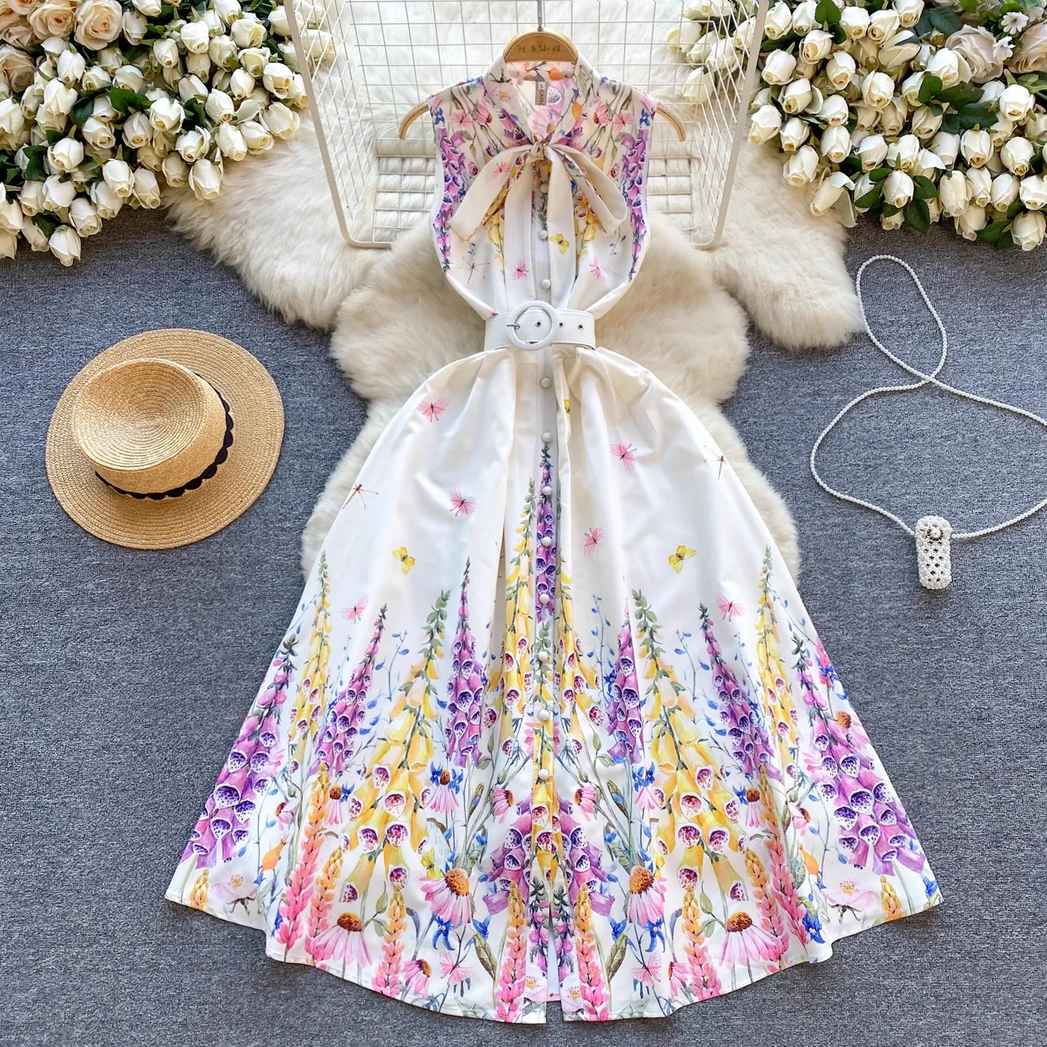 Runway Summer Holiday Flower Tank Dress Women's Sleeveless Bow Neck Single Breasted Floral Print Belt Boho Vest Party Vestidos