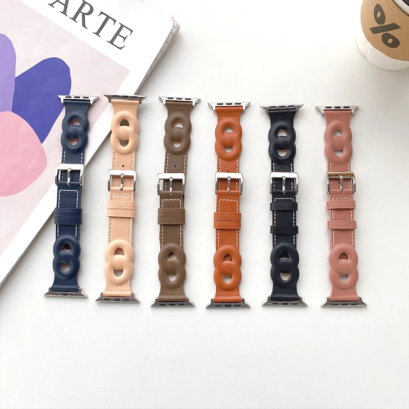 Tali Kulit Asli Lingkaran Ganda Elegan untuk Apple Watch Band 44Mm 40Mm 45Mm 41Mm 38Mm 42Mm IWatch 3 4 5 6 Se 7 Gelang