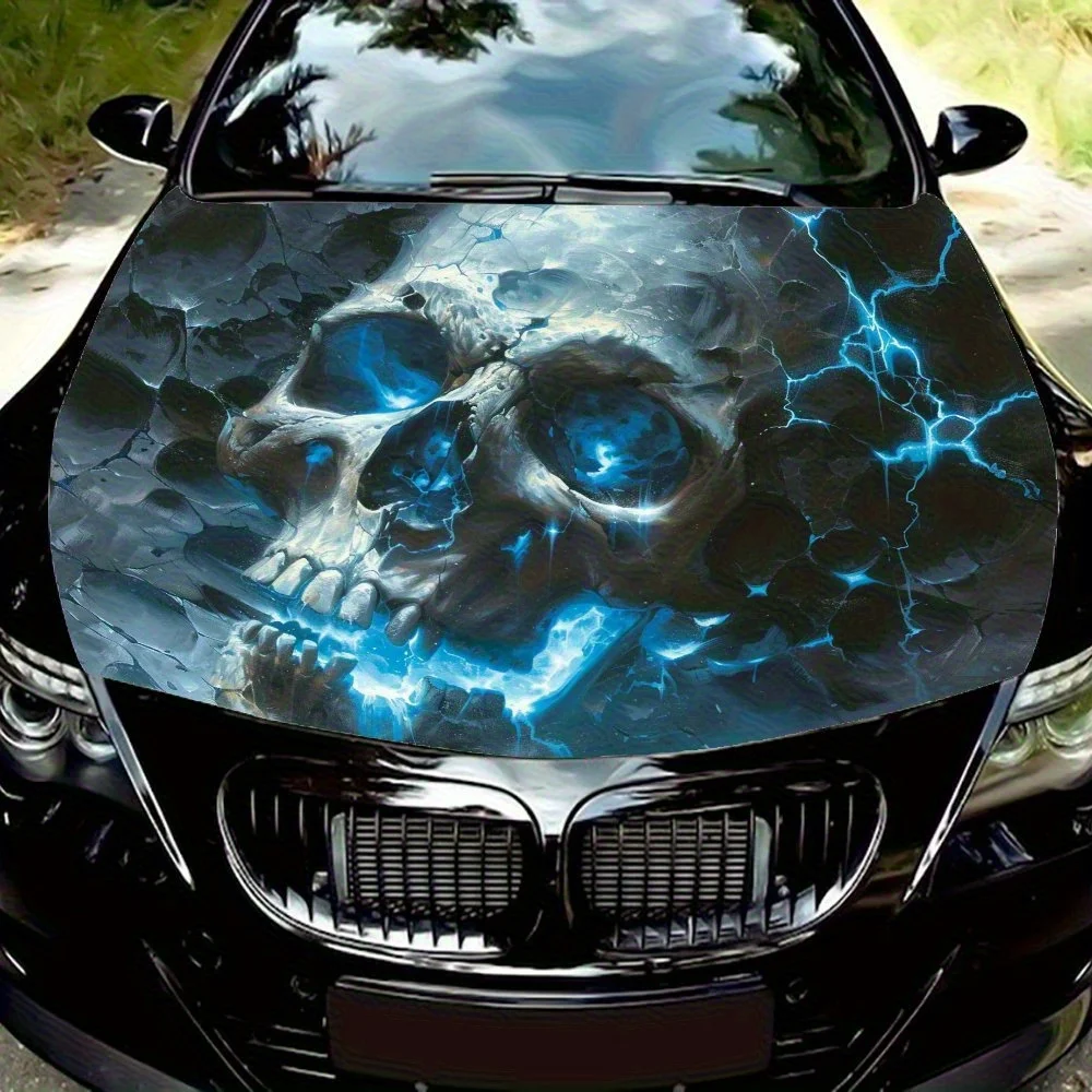 

Blue Electric Skull Vinyl Wrap Decal For Car Hood - Durable & UV-Resistant, Easy-Clean PVC Sticker, Perfect Fit For Auto Body De