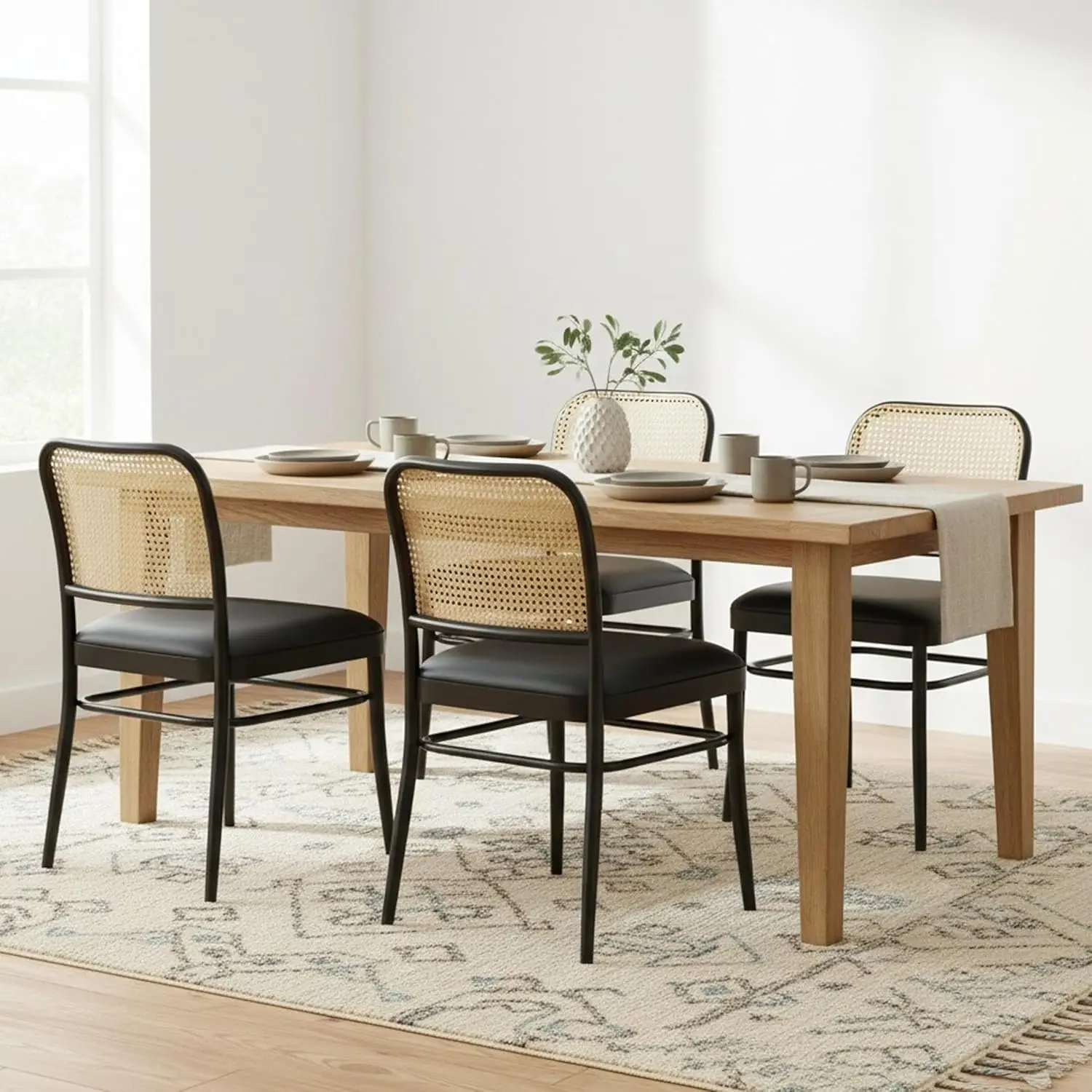 

Rattan Dining Chairs Set of 4, Upholstered Faux Leather Dining Chairs with Cane Back, Mid Century Modern Kitchen &, Customized