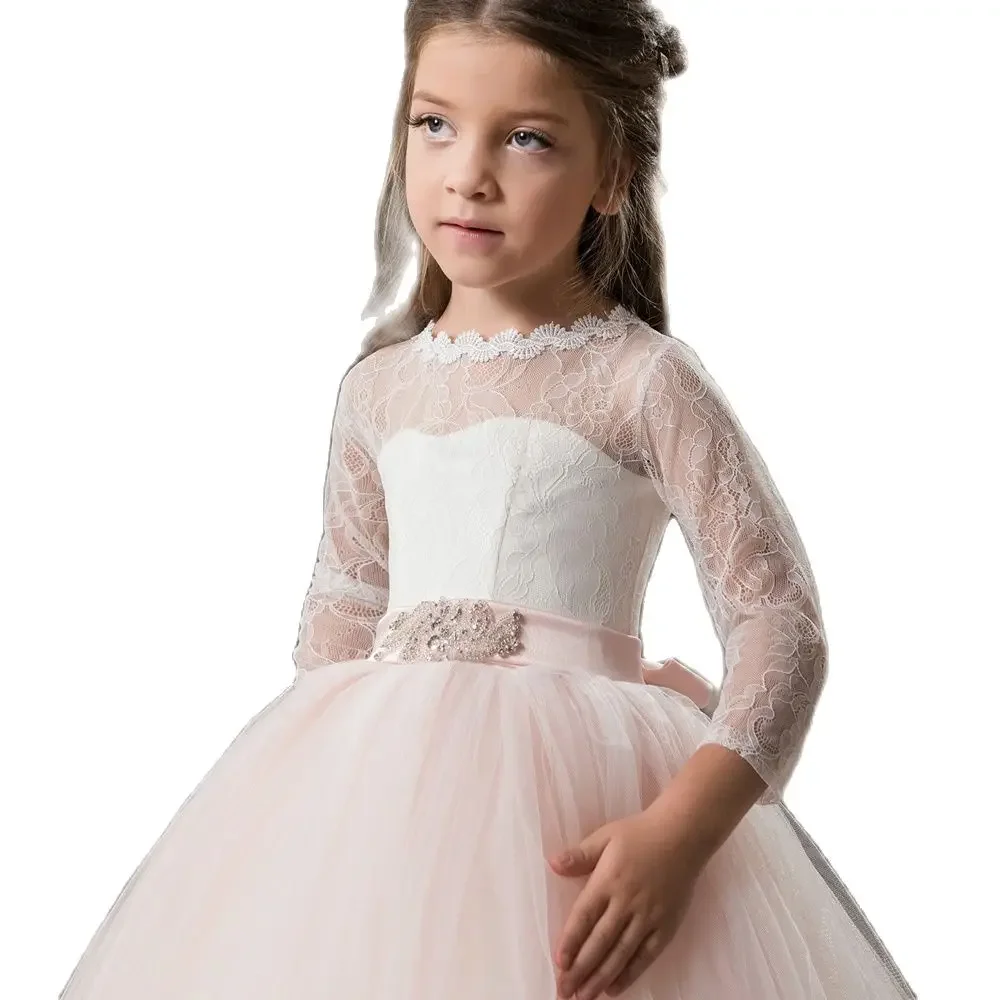 First Communion Dresses Appliques O-neck Lace Up Bow Sash Flower Girl Dresses Custom Made Vestidos New Arrival Long Sleeve