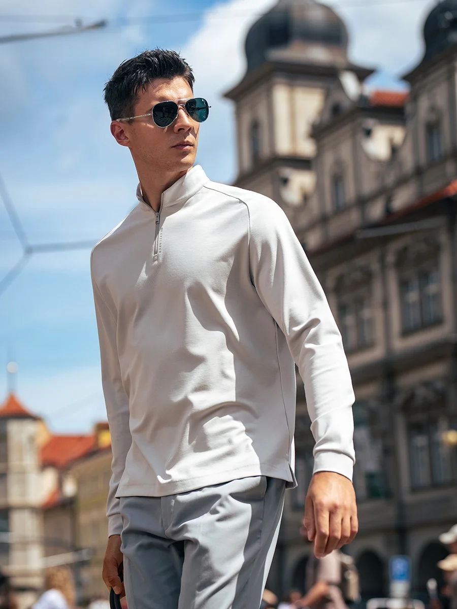 

Мужская спортивная футболка MrBu с длинным рукавом, воротником на молнии, быстросохнущая, из модала, для бизнеса, осень-зима, модель BT6867