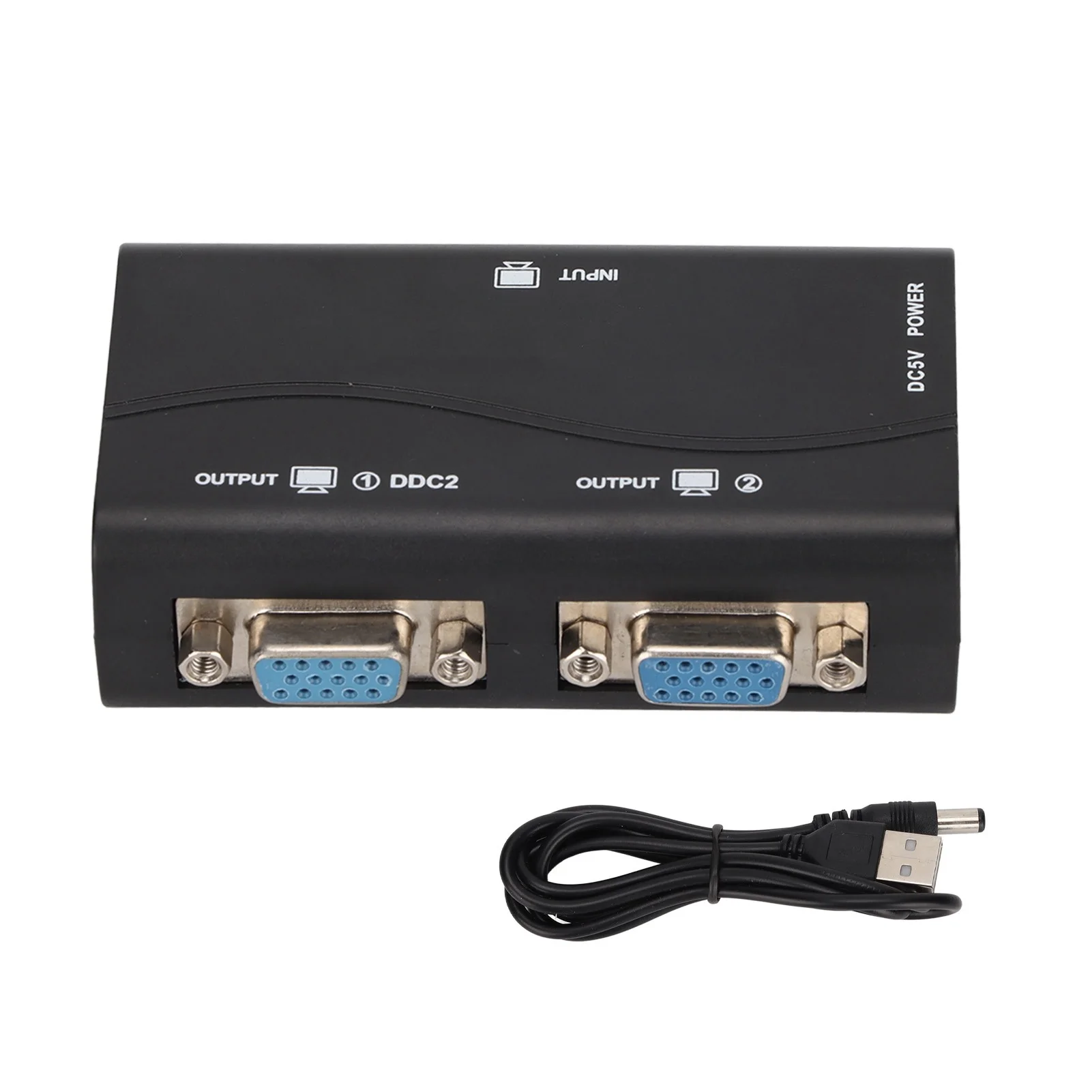 Divisor VGA alimentado por USB, distribuidor de vídeo 1 entrada 2 salidas para duplicación de pantalla, resolución de 250 MHz, 1920x1440, 1080P