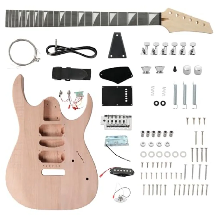 DIY Electric Guitar Kit for beginners: mahogany body, maple neck, 6-string, all components included, classic black finish, easy