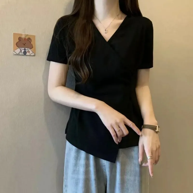 Women's Plus Size V-neck Irregular Hem T-shirt Summer Wrap Design Slim Fit Casual Top Curvy Figure Flattering