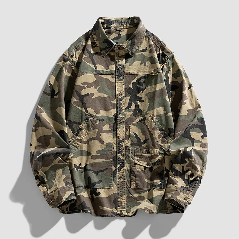 95% Cotton Men Shirt 2026 New Camouflage Long Sleeve Drop Shoulder Button Pockets Cowboy Loose Casual Work Jeans Shirts