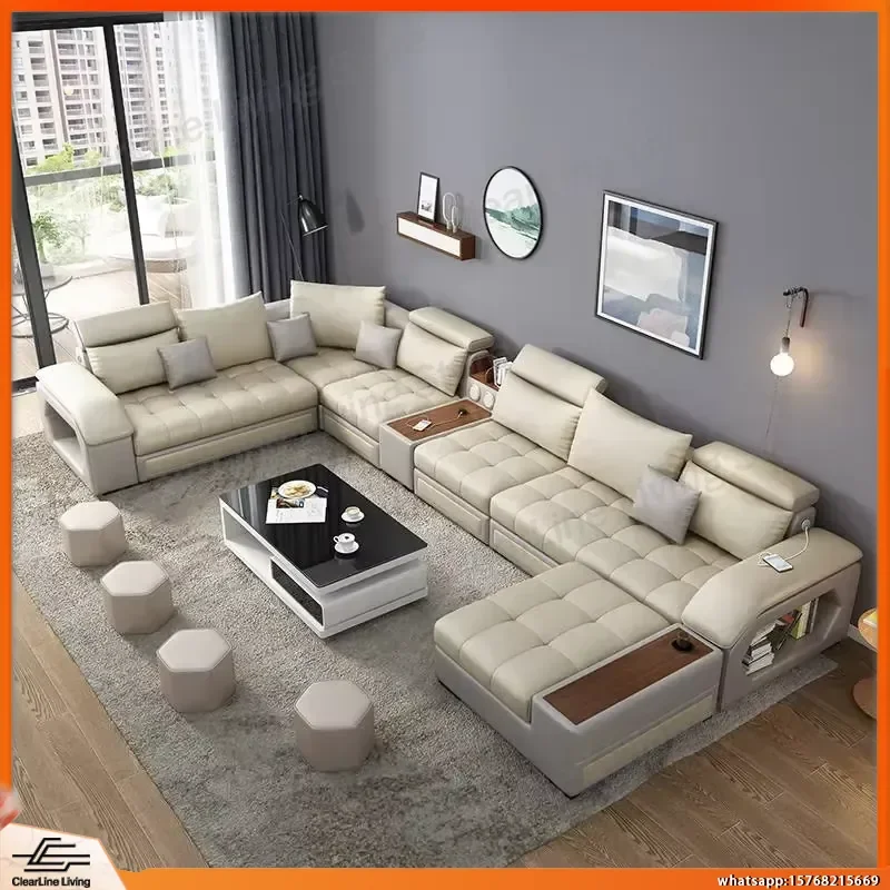 Modern U Shaped Sectional Sofa Set for Living Room Luxury Microfiber Leather Fabric Couch Home Furniture Indoor Comfortable