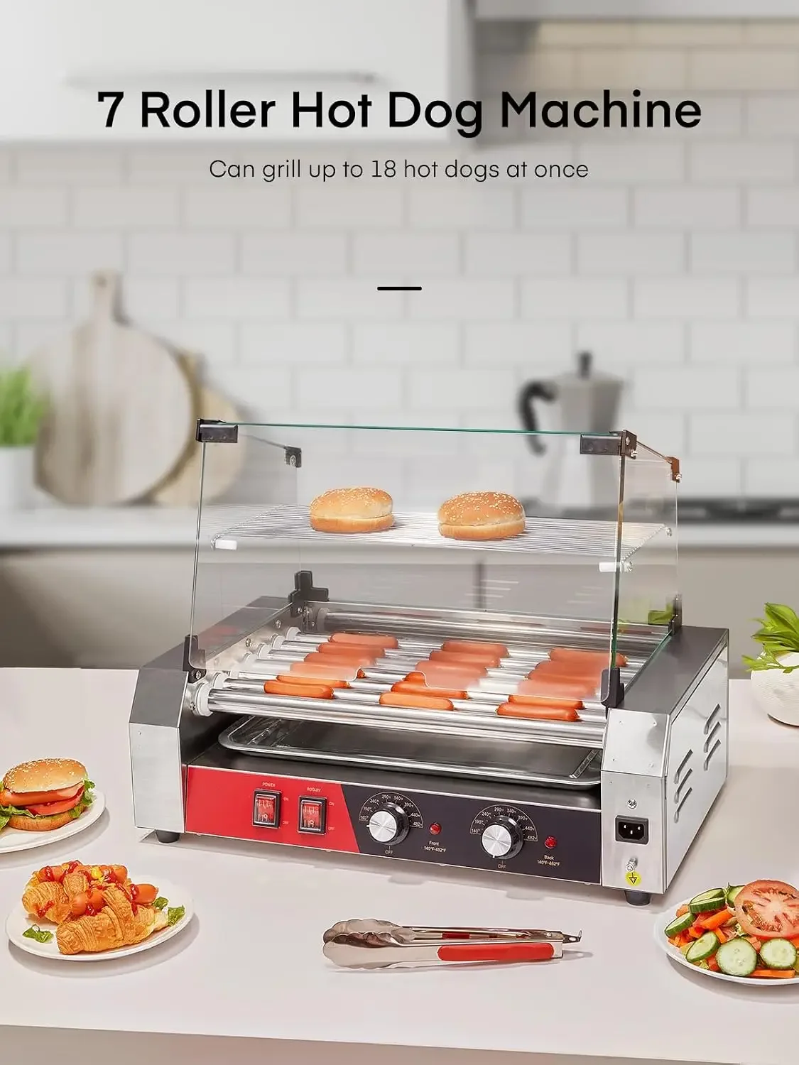 Hot Dog Roller, 7 Rollers 18 Hot Dog Capacity,1050W Stainless Steel Hot Dog Machine with Bun Shelf, Drip Tray, Glass Cover