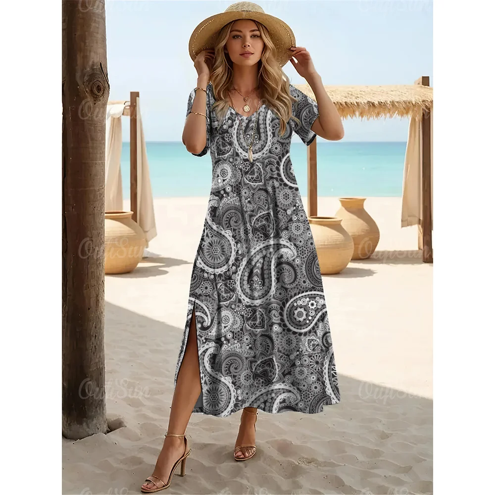 New Paisley Print Dresses For Women's Plus Size Elegant Dresses Summer Female Long Dresses Women's Clothing Free Shipping