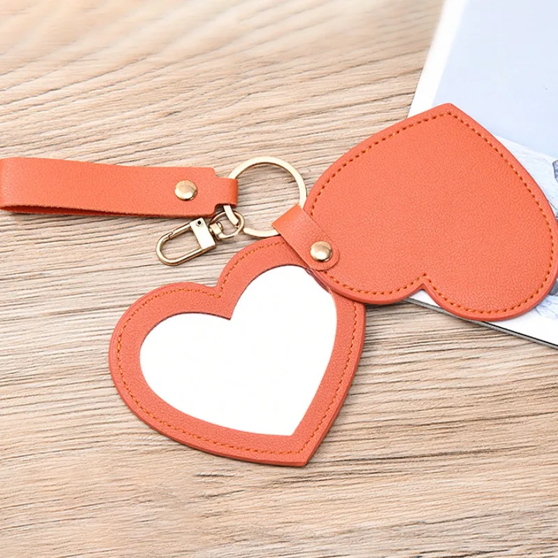 Creative Heart-shaped Makeup Mirror Keychain Solid Color PU Leather Love Heart Keyring for Women Girls Handbag Pendant Ornament