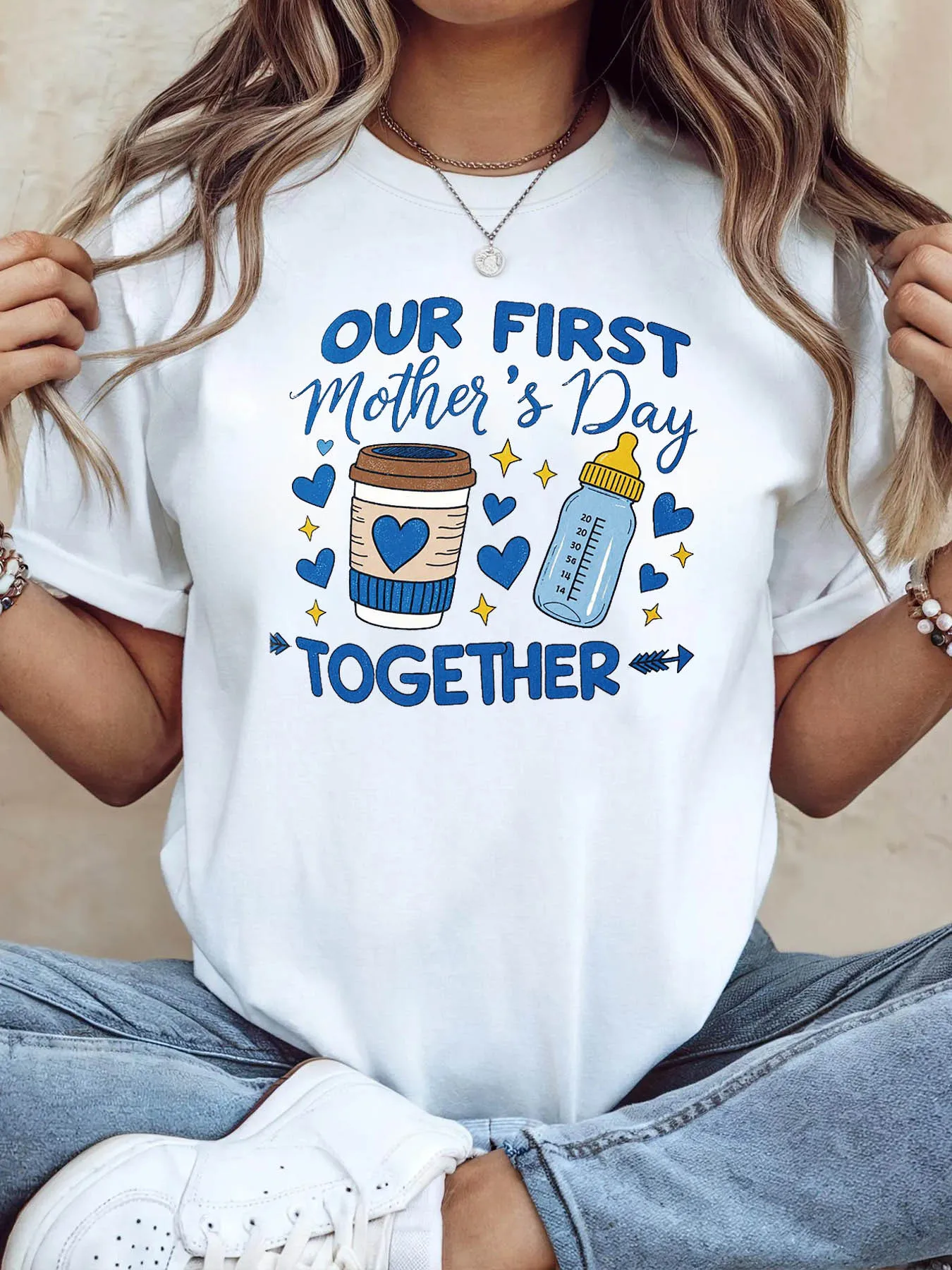 Our First Mother'S Day Together T-Shirt with A Bottle and Coffee Print Perfect for Celebrating Mother'S Day At Family Gathering