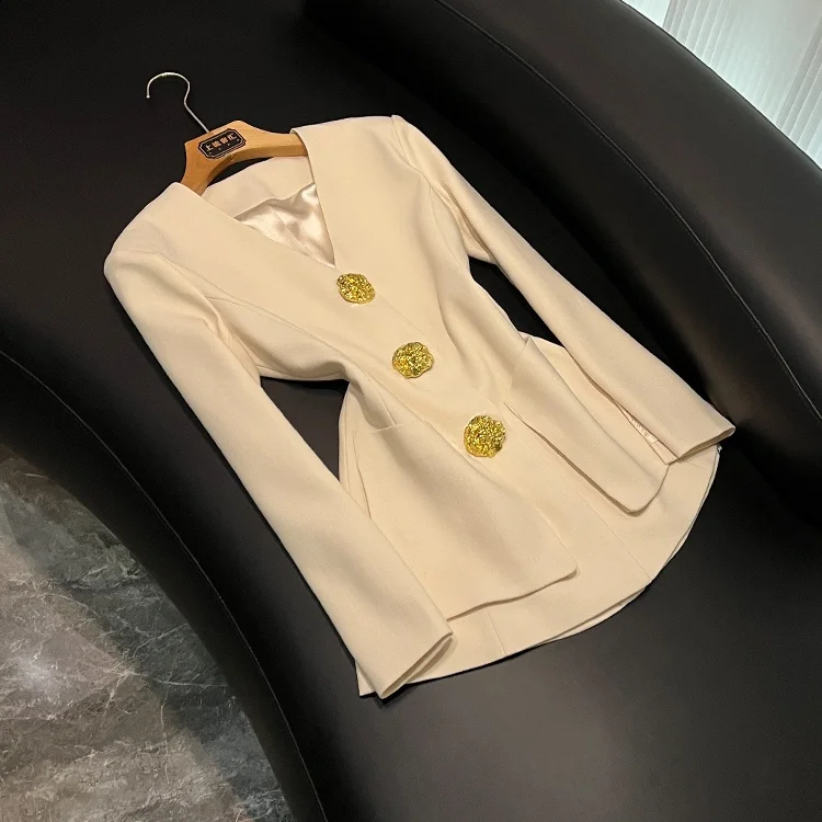 

Элегантный пиджак с V-образным вырезом и металлическими пуговицами, приталенный, для невысоких женщин, высококачественный, для офиса, с длинными рукавами