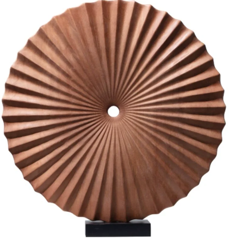 Z Handcrafted Solid Wood Standing Sculpture Round Fan Textured Art Modern Home Decor DisplayZ