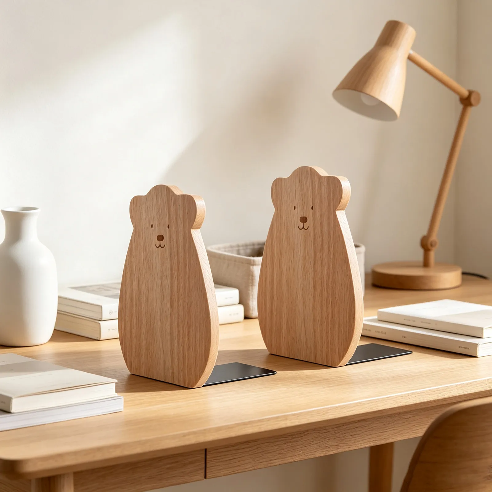 2Pcs Wooden Bear Shape Bookends L Shaped Non Slip Desktop Organizer Book Support for Office Dorm Home Books Files Notebooks