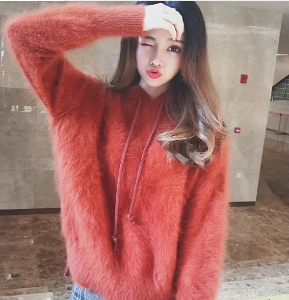 NEW Customizable fashion Mink Cashmere Sweater Winter Warm Soft Fluffy Real  Mink Cashmere Sweater With Hood S23216