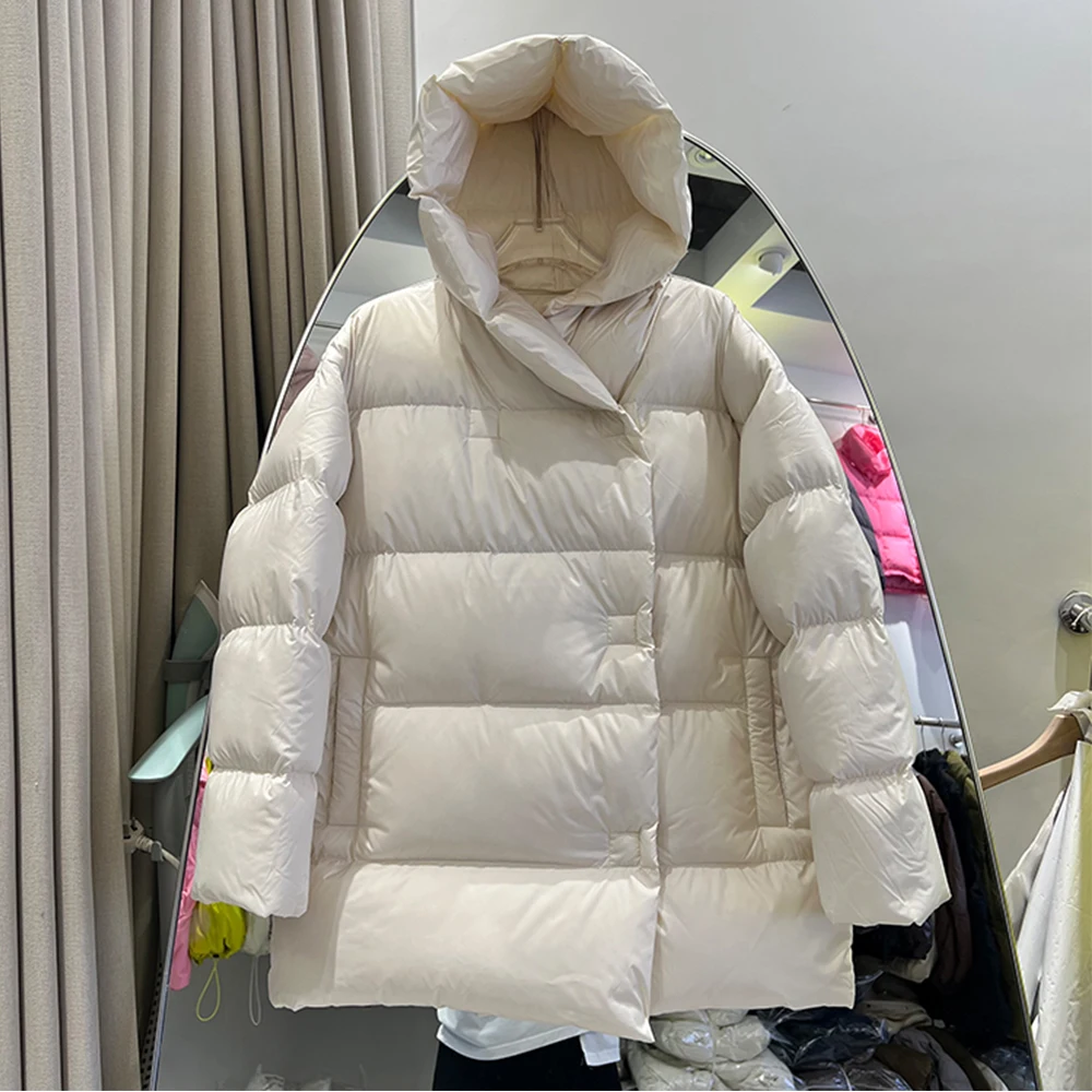 

Women Versatile Loose Puffer Jackets Solid Warm Long Sleeve Soft White Duck Down Coat Winter Female Leisure Hooded Down Coats