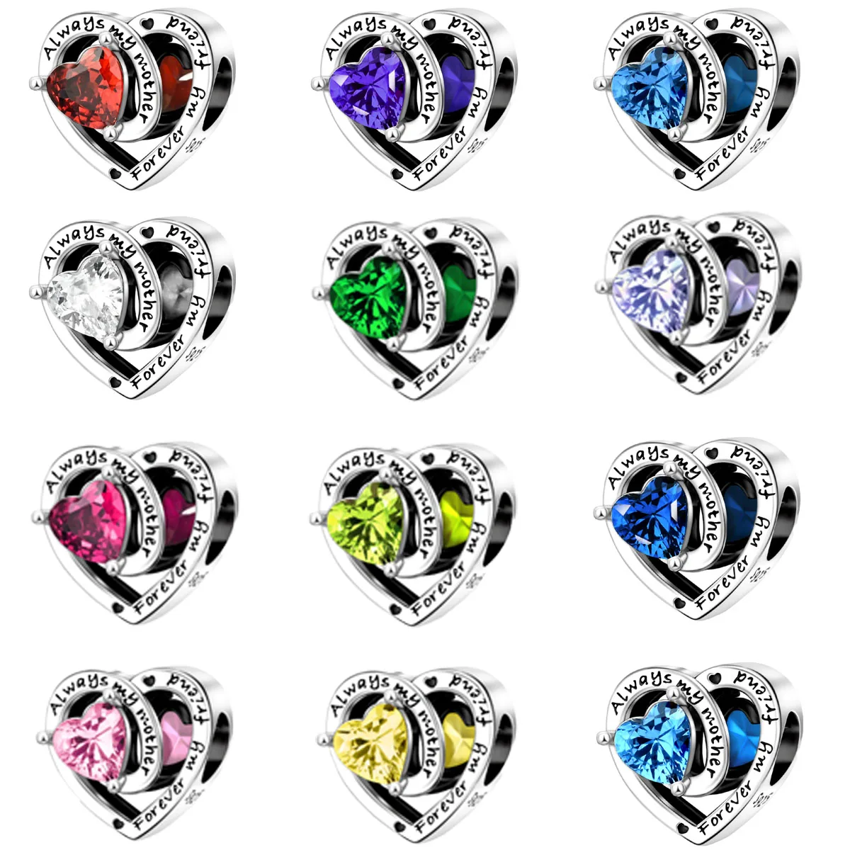 Original 925 Charms Sterling Silver TTwelve Months Heart Birthday Stones Colored Beaded Pendant DIY Bracelet Ladies Jewelry Gift