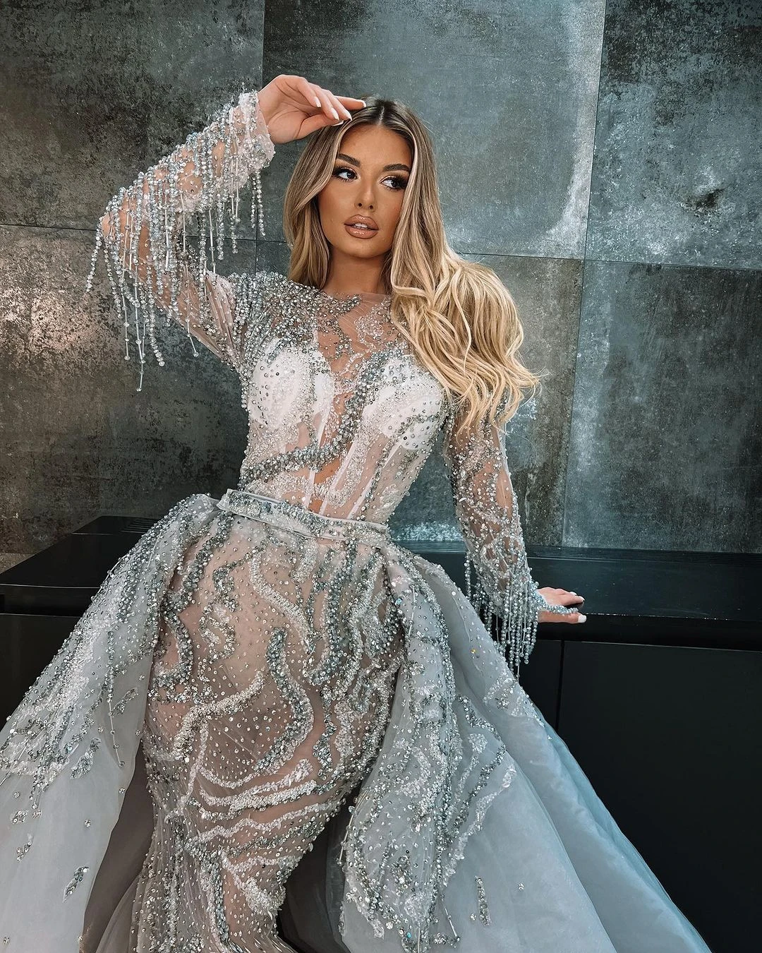 Sexy Mermaid Wedding Dresses For Women O-Neck Long Sleeves Bridal Gown Sequins Beading Detachable Train Skirt vestidos de novia