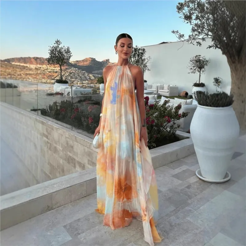 

Sexy Sleeveless Backless Lace-Up Long Dress Women Elegant Halter Hollow Holiday Dress Fashion Print Loose Party Dresses Vestidos