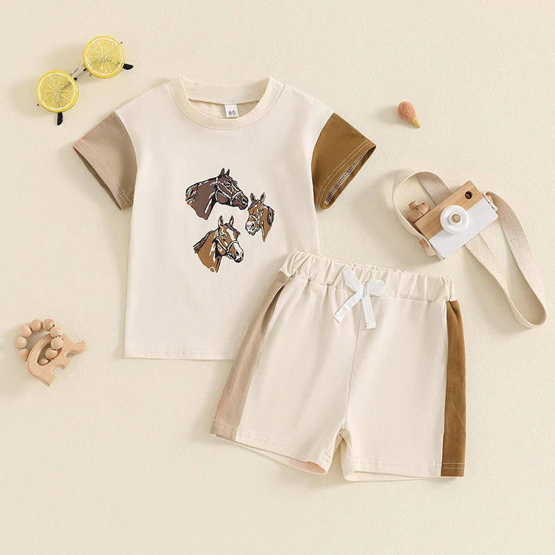 

Toddler Boys Summer Outfits Western Elements Horse Print Contrast Color Short Sleeve T-Shirts Shorts Clothes Set