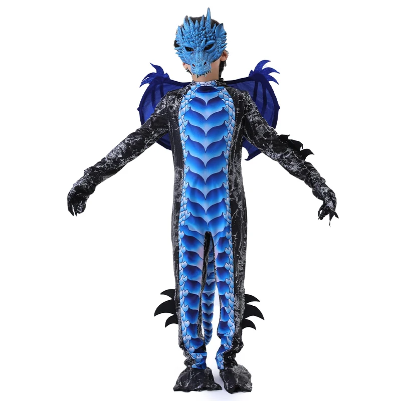 2025 New Arrival Dragon Jumpsuit With WIng And Mask Halloween Outfit Child Boys Black Blue Dragon Costume