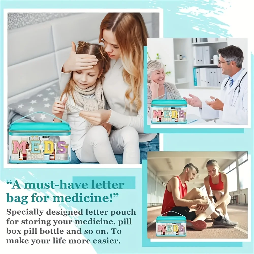 حقيبة أدوات الزينة ذات رقعة حروف من الشنيل، حقيبة مكياج MEDS، حقيبة تخزين طبية شفافة للسفر مع مقبض منظم مستحضرات التجميل