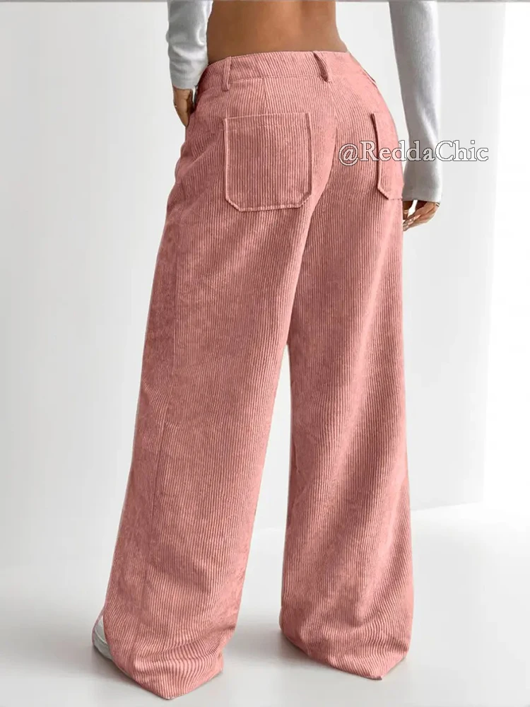 REDDACHiC Winter Corduroy Pink Pants for Women Minimalist Plain High Waist Straight Wide Leg Long Trousers Leisure Daily Wear