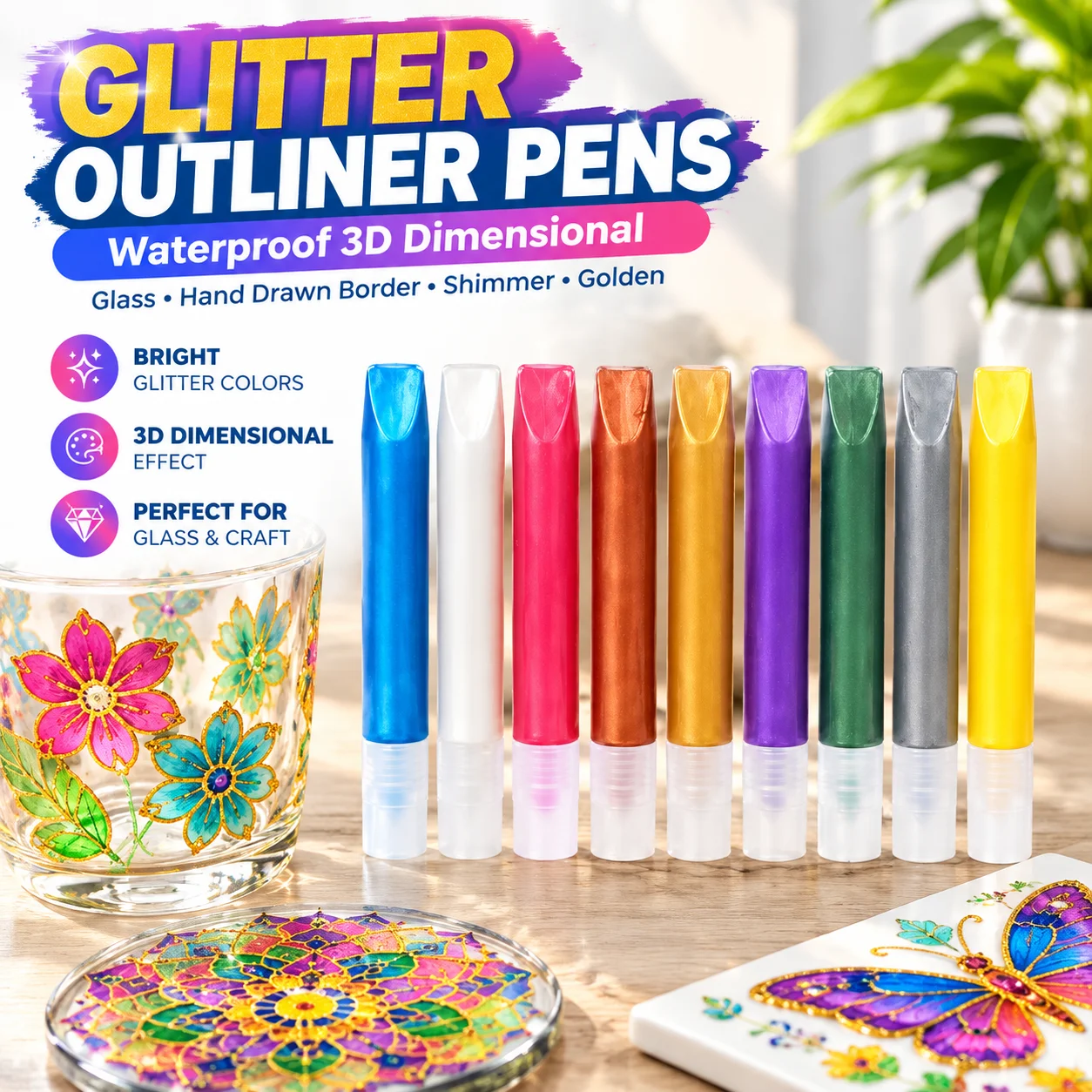 Waterproof 3D Dimensional Glass Outliner Pen Multicolor Hand Drawn Border Shimmer Golden Acrylic Pigment Precise Filling Stain
