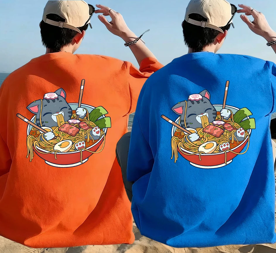 

Летние хлопковые топы с принтом «Кот, который любит есть лапшу», мужские повседневные простые футболки, винтажная модная одежда