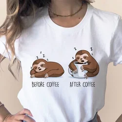 Lazy Sloth Funny Women T-shirt Summer Before Coffee After Coffee Animal Cup Top Loose Cute Cartoon T-shirt,Drop Ship