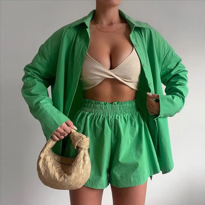 2024 Spring Summer Short Two Piece Set Women Solid Color Long Sleeve Shirts Shorts Loose Casual Simple Style Sets Lady Clothing