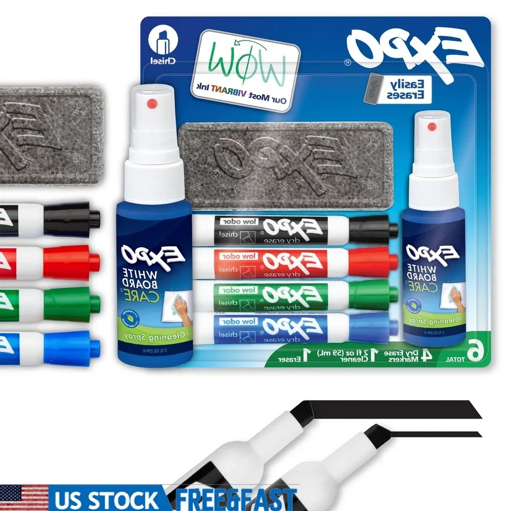 

Dry Erase Markers Set with Eraser and Cleaner Spray 6 Count Low Odor Chisel Tip Markers Whiteboard Glass and Acrylic