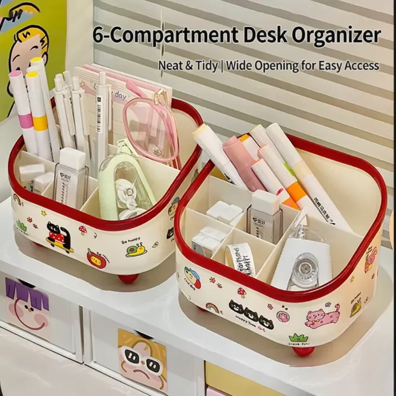 Large Capacity 6-Compartment Pen Holder – Slanted Desk Organizer for Office & Home (DIY Sticker-Friendly)