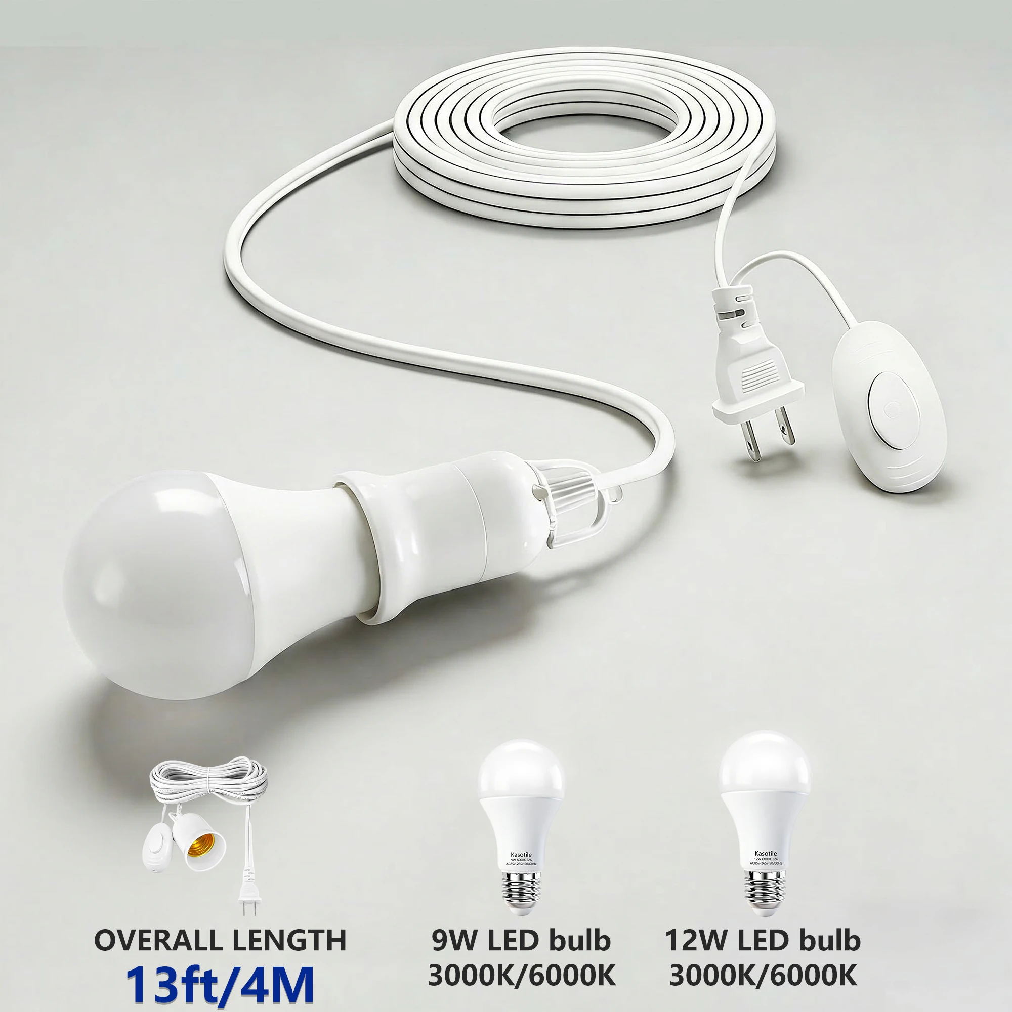 9W 12W LED Bulb Base with 13ft US Plug Power Cord Energy Saving Cold And Warm White Light Emitting Lamp for Home Lighting