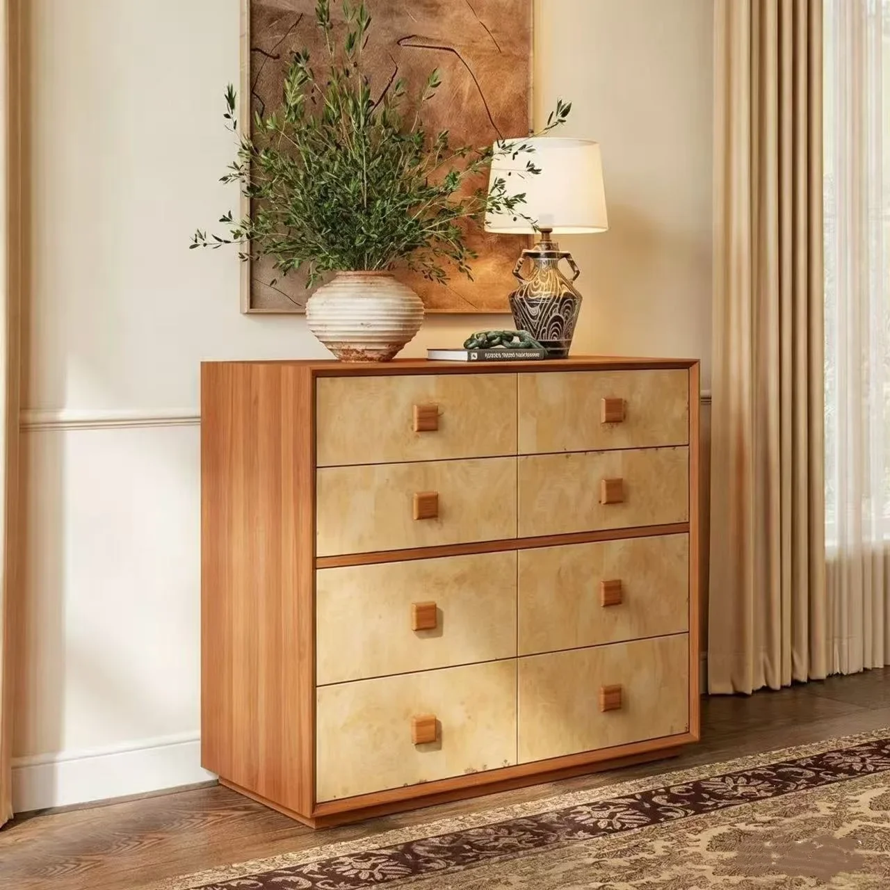 HYS vintage solid wood vintage eight-drawer cabinet, living room, bedroom sideboard, tree-grain storage cabinet