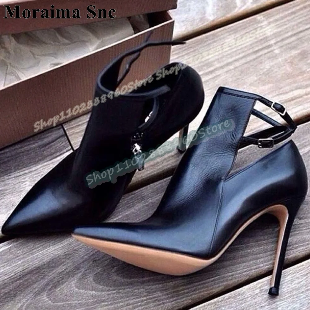 

High Quality Black Leather Buckle Strap Pointy Pumps Stilettos High Heel Women Shoes Side Zipper Pointed Toe Casual Trendy Pumps
