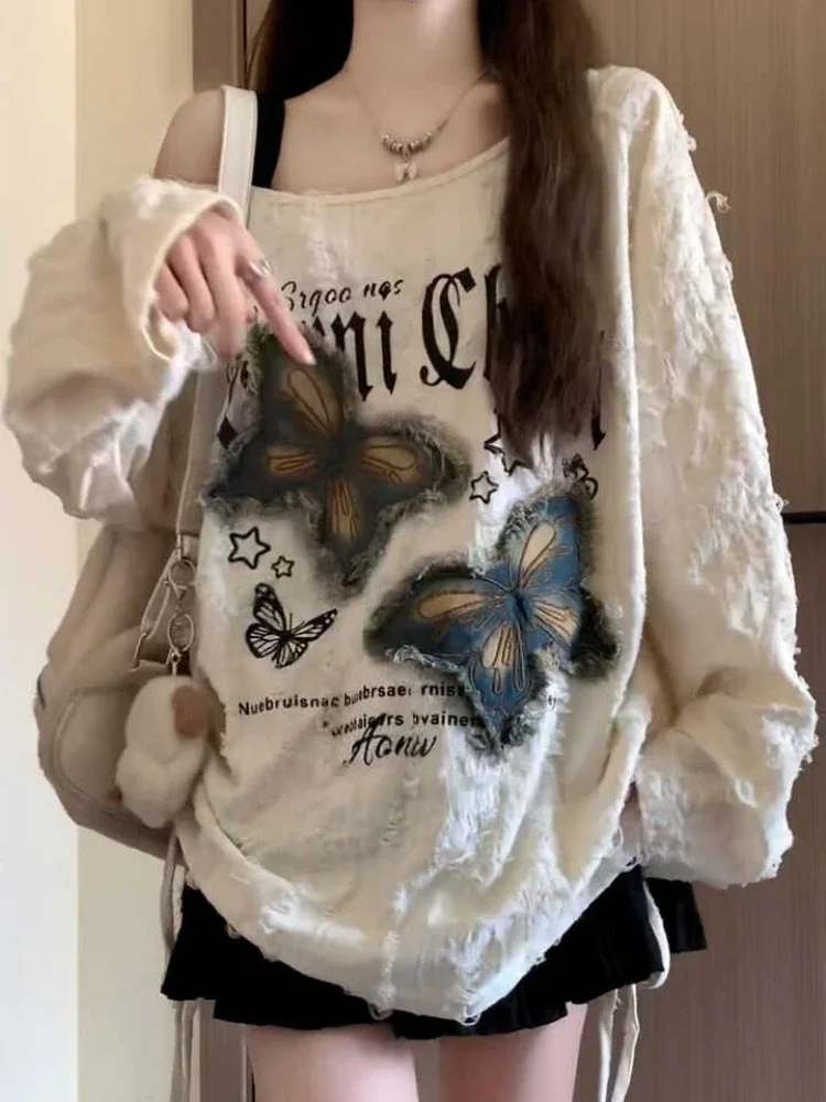 تي شيرت حريمي مرقع ممزق أمريكي عتيق أنيق مكشوف الأكتاف فضفاض مناسب كل مباراة كسول حلو حار بنات الخريف شخصية