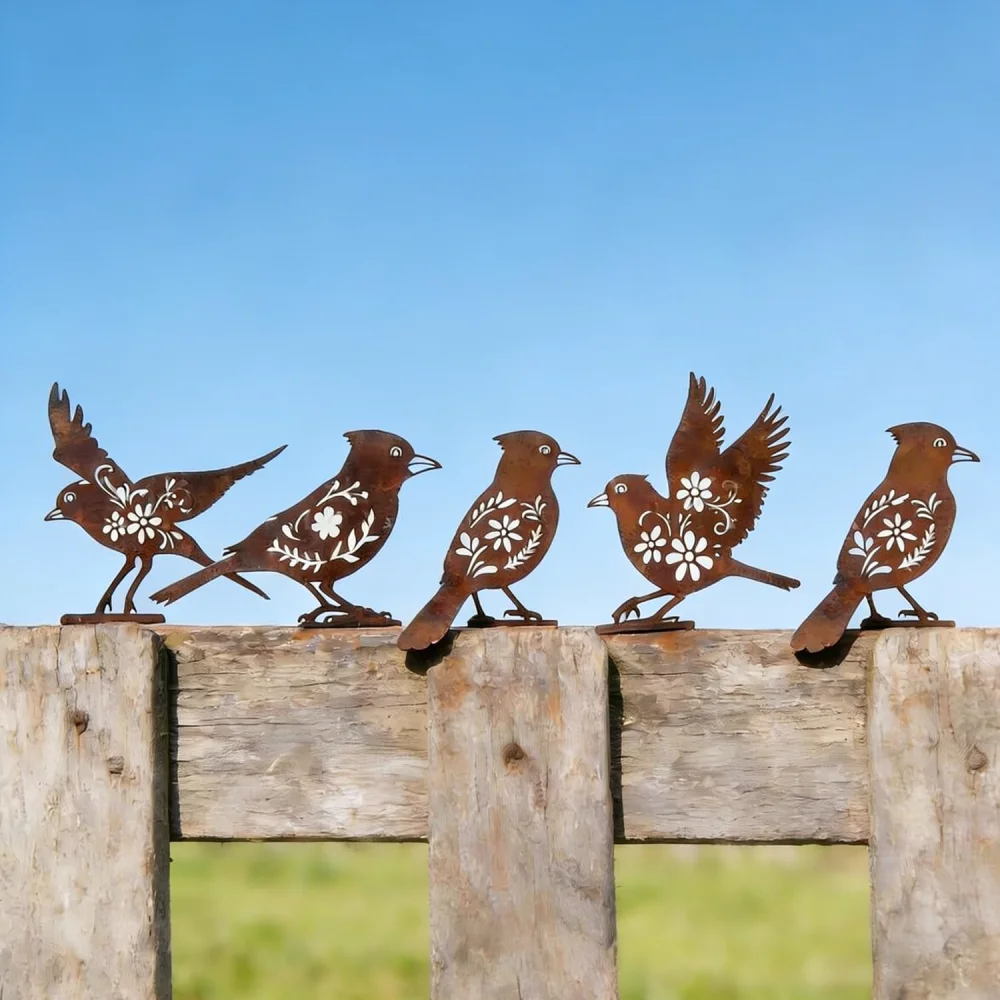 Vintage Style Metal Bird Silhouette Stake Iron Garden Sculpture Outdoor Patio Ornament Rustic Art Decorative Statue For Fence