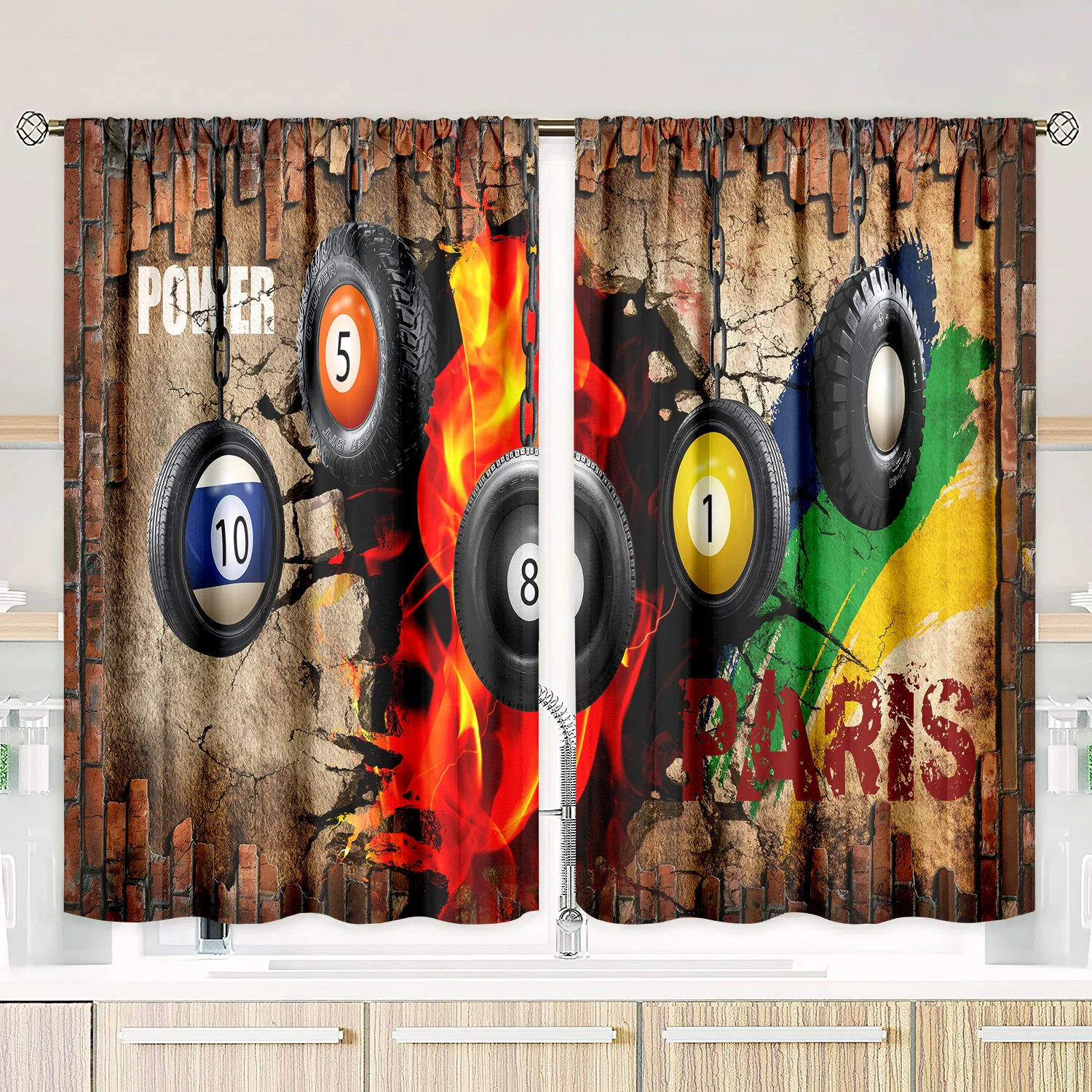 2 pieces of billiard digital pattern printed curtains, bedroom and living room, home decoration, room decoration