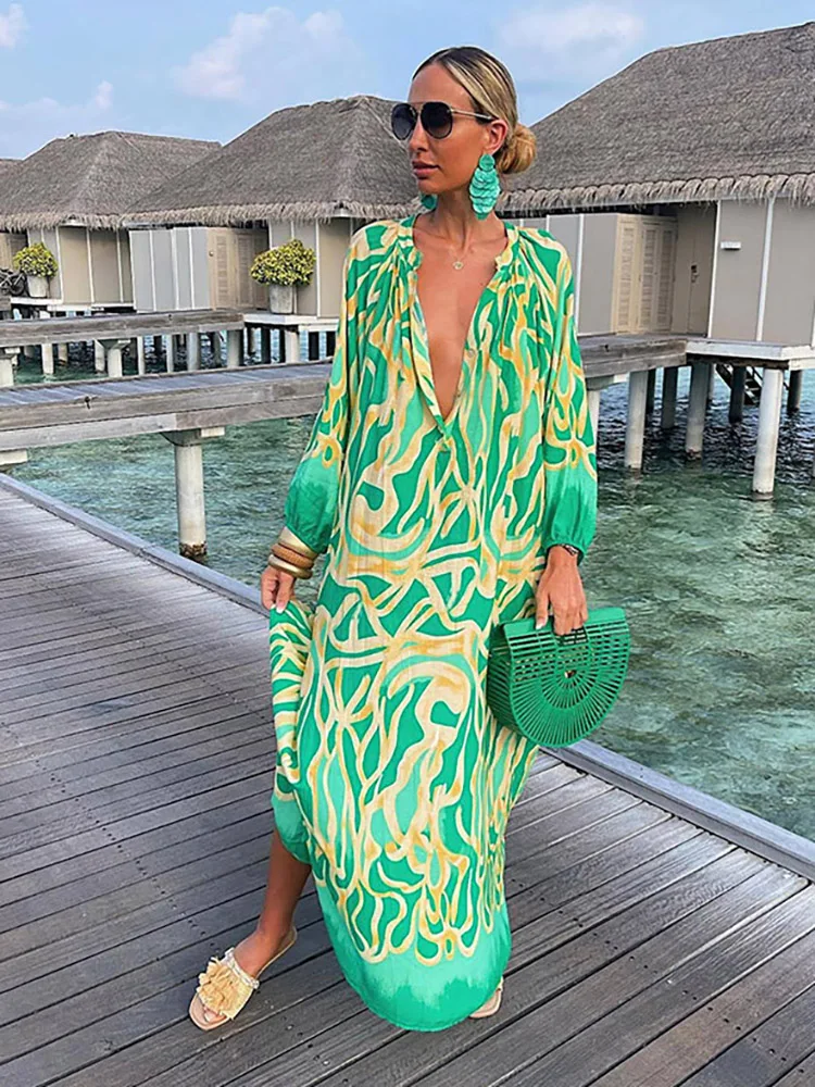 

Women Vintage Maxi Dresses 2023 Summer Sexy Deep V-Neck Long Sleeve Boho Print Long Dresses Female Beach Cover Up Elegant Robe