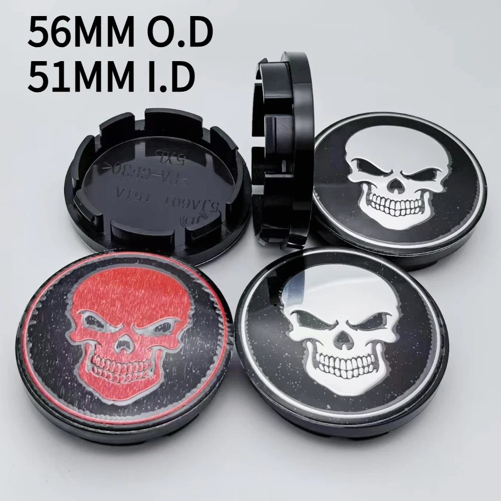 4 Stück 56 mm (51 mm Innendurchmesser) Totenkopf-Logo-Emblem, Auto-Radnabenkappen, Styling-Zubehör für Felgenräder, Nabenkappen, Abdeckung, Abzeichen ersetzen