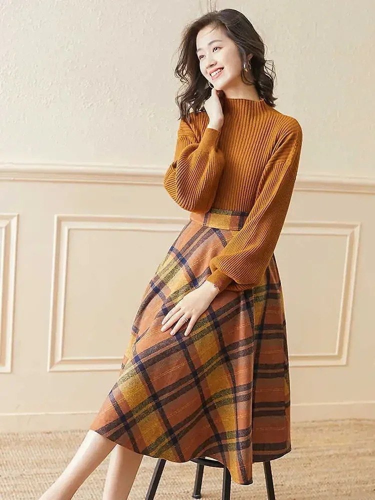 Korean Autumn Retro Sweater Suits Women Elegant Lantern Sleeve Knitted Sweater Pullover and Plaid A-line Skirt Two Pieces Sets