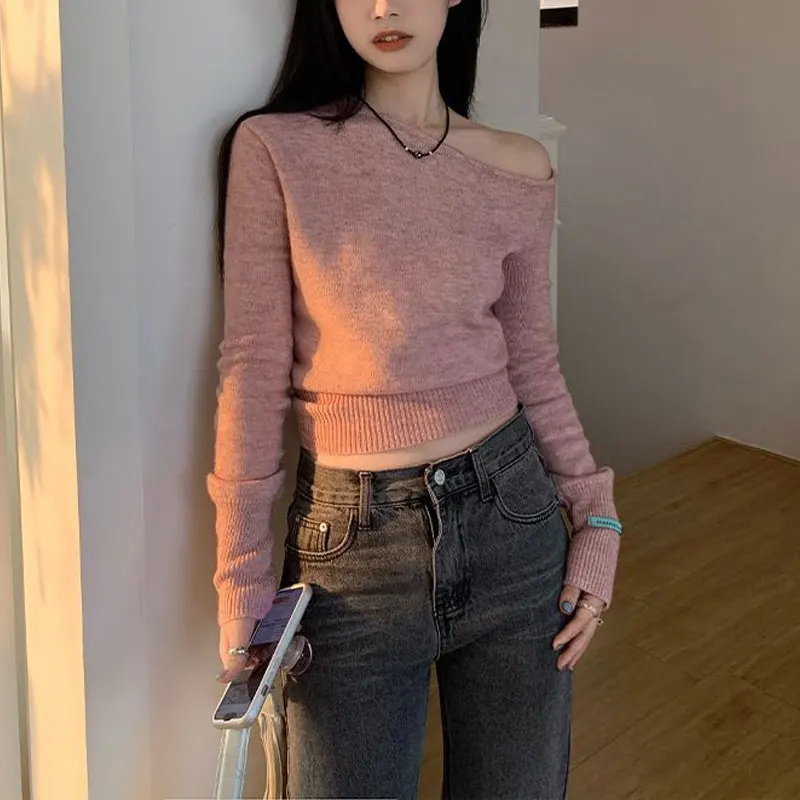 Elegant Skew Collar Pullovers Female Clothing Stylish Off Shoulder Spring Autumn Knitted Solid Color Basic Long Sleeve T-shirt